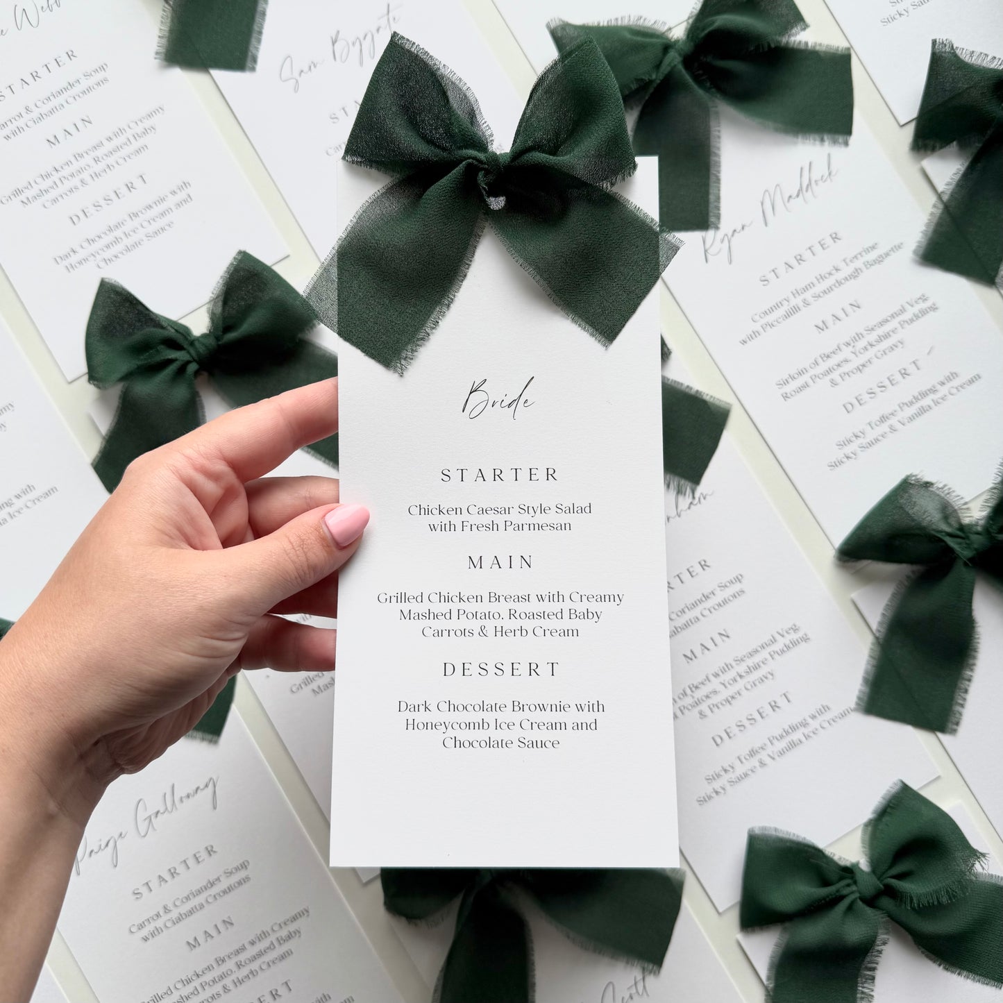 Poppy Menu Place Card With Dark Green Bow