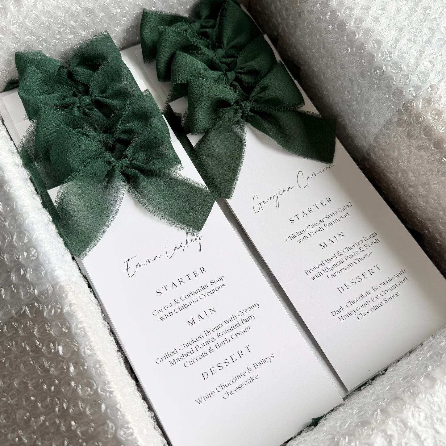 Poppy Menu Place Card With Dark Green Bow