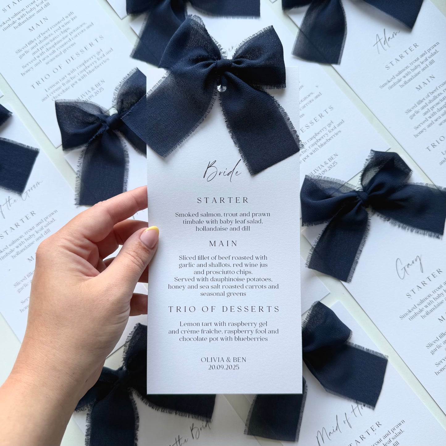 Poppy Menu Place Card With Navy Blue Bow