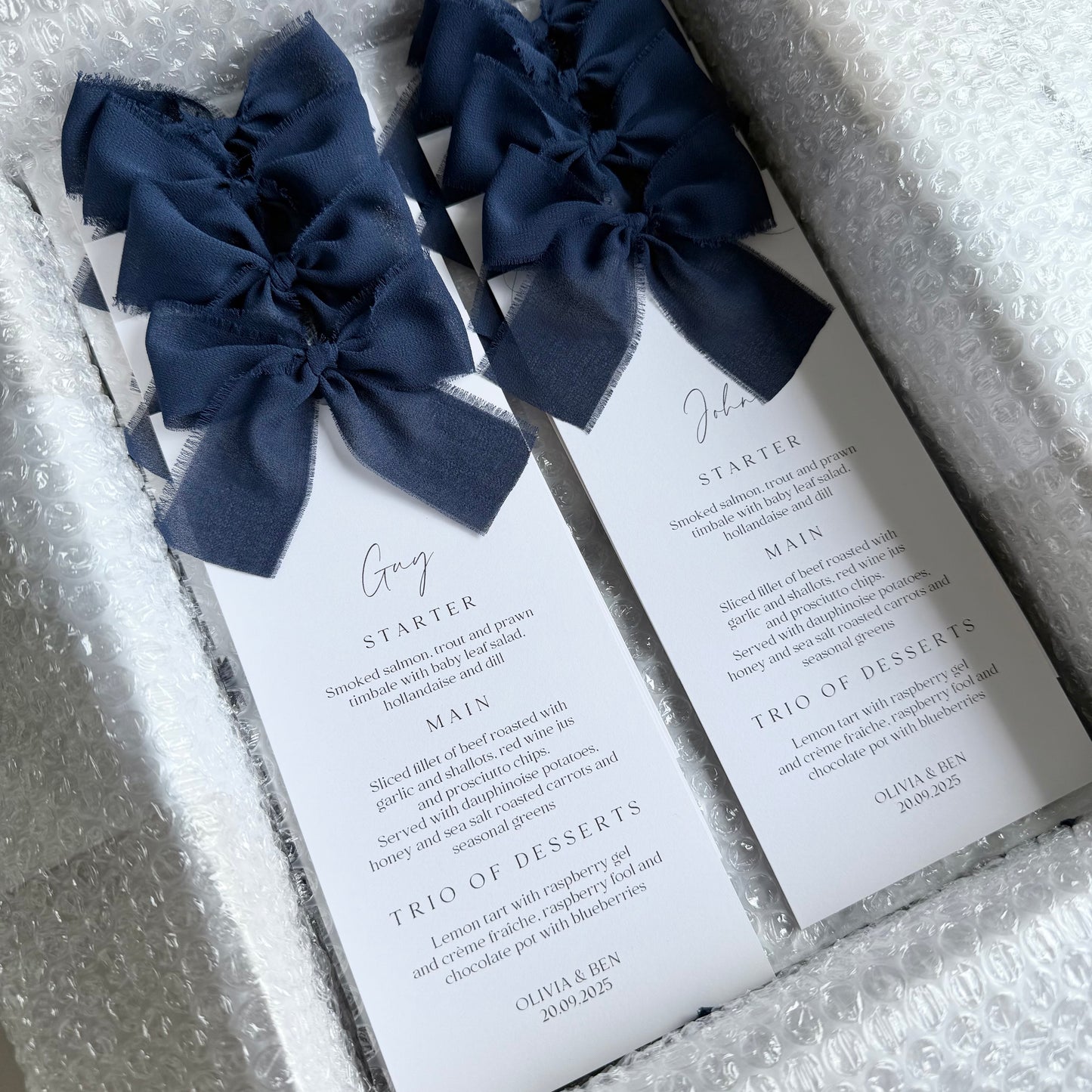 Poppy Menu Place Card With Navy Blue Bow