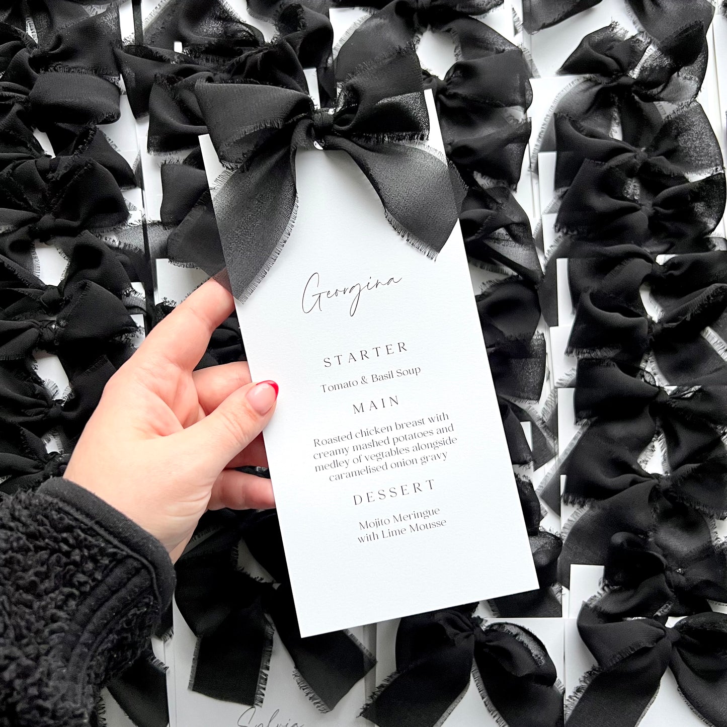 Poppy Menu Place Card With Black Bow