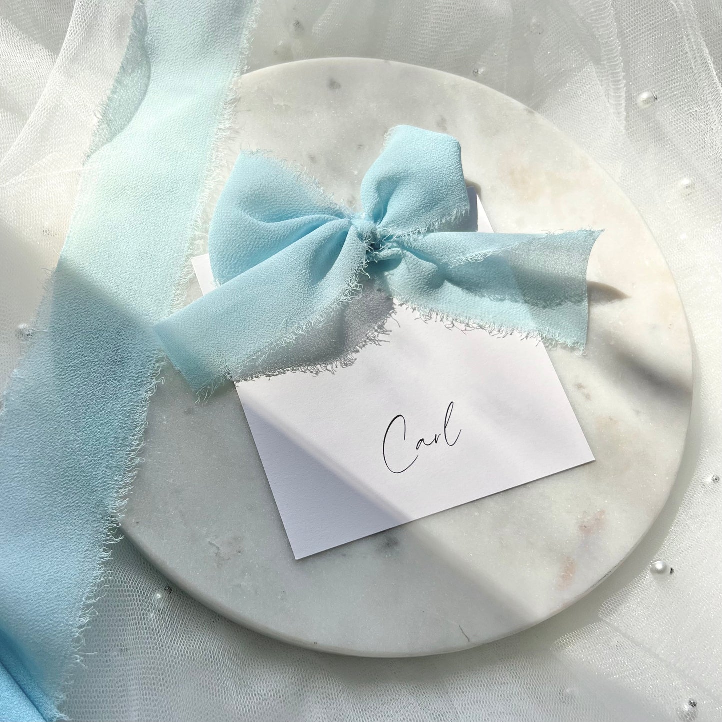 Square Poppy Place Card With Blue Bow