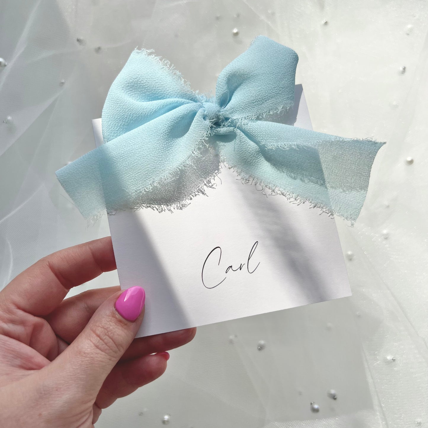 Square Poppy Place Card With Blue Bow