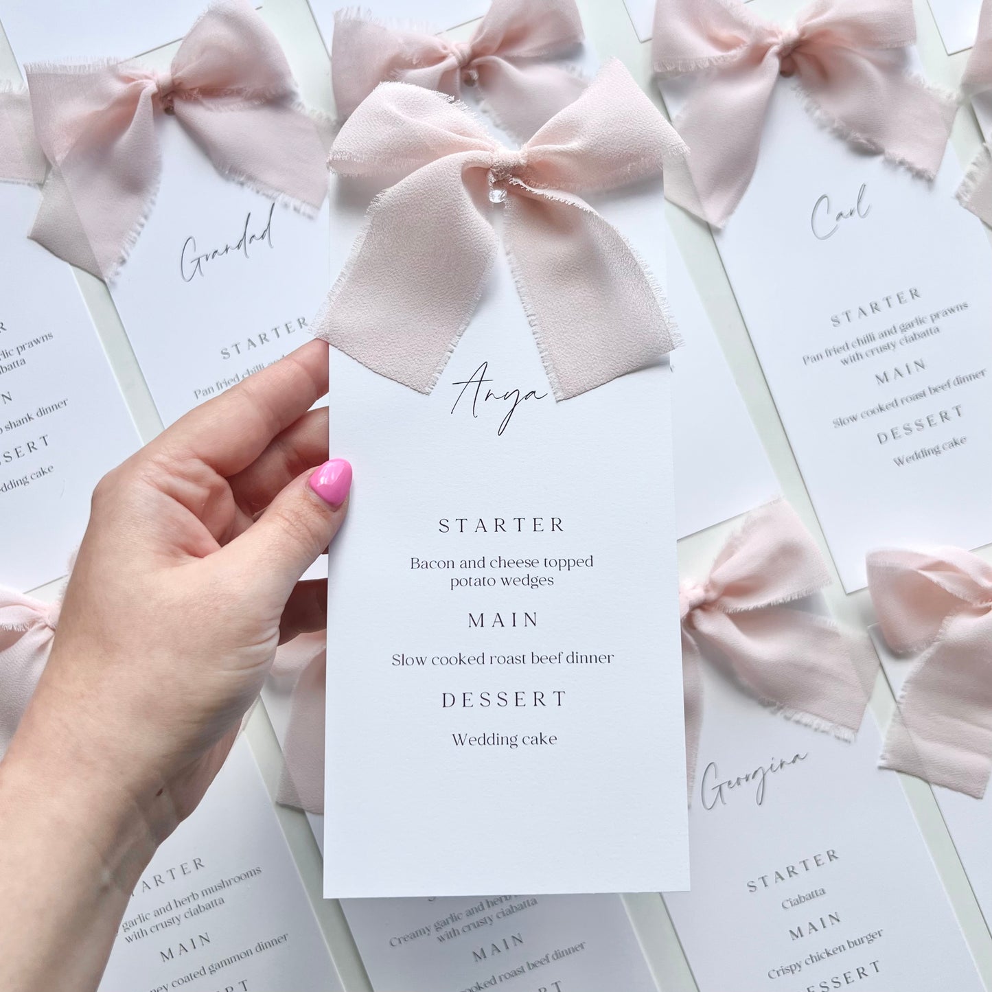 Poppy Menu Place Card With Pink Bow