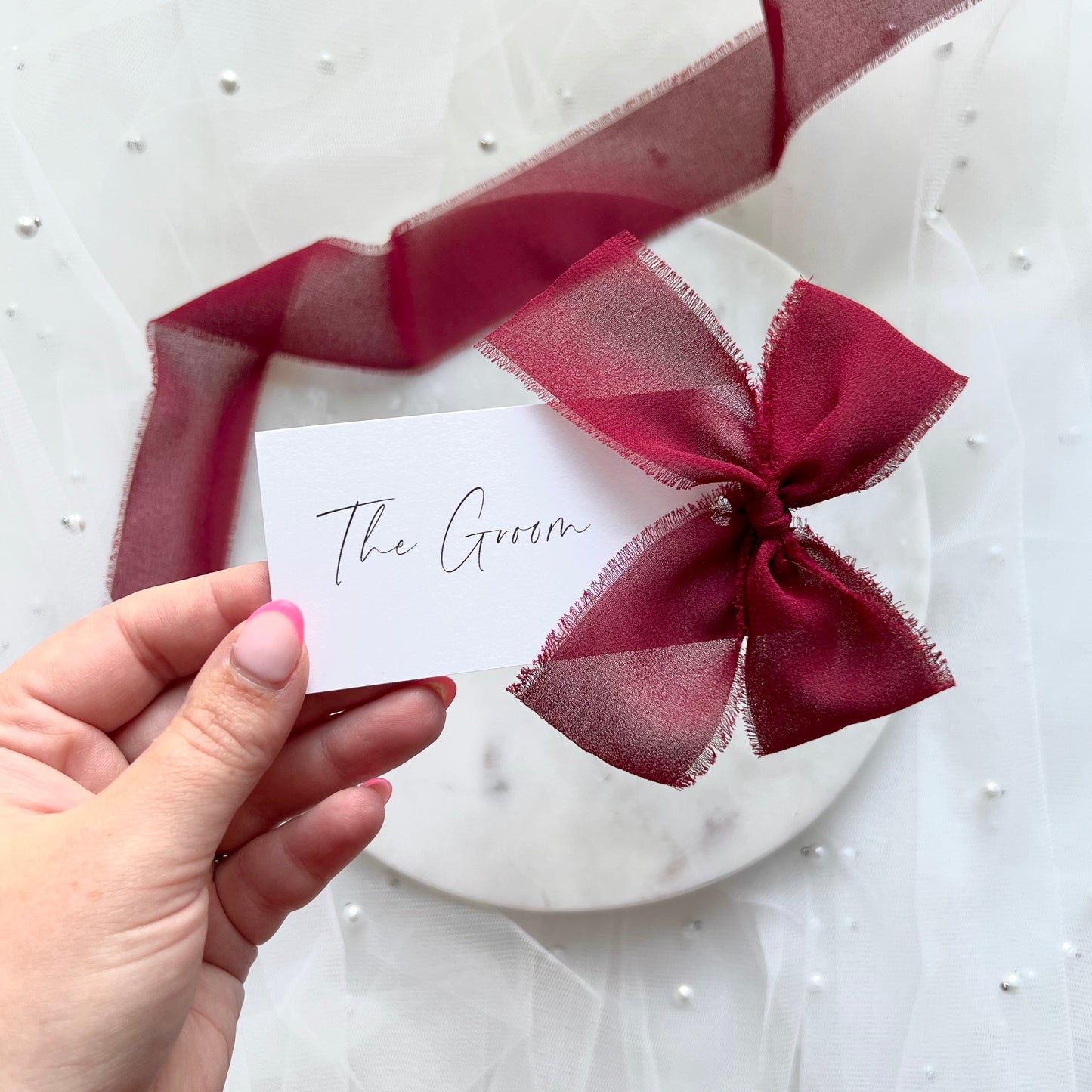 Poppy Place Card With Dark Red Bow