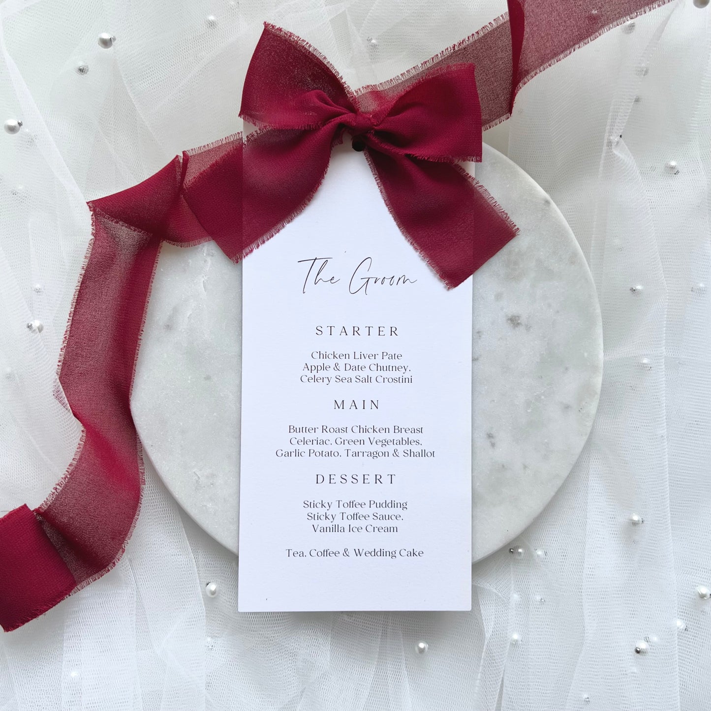 Poppy Menu Place Card With Dark Red Bow