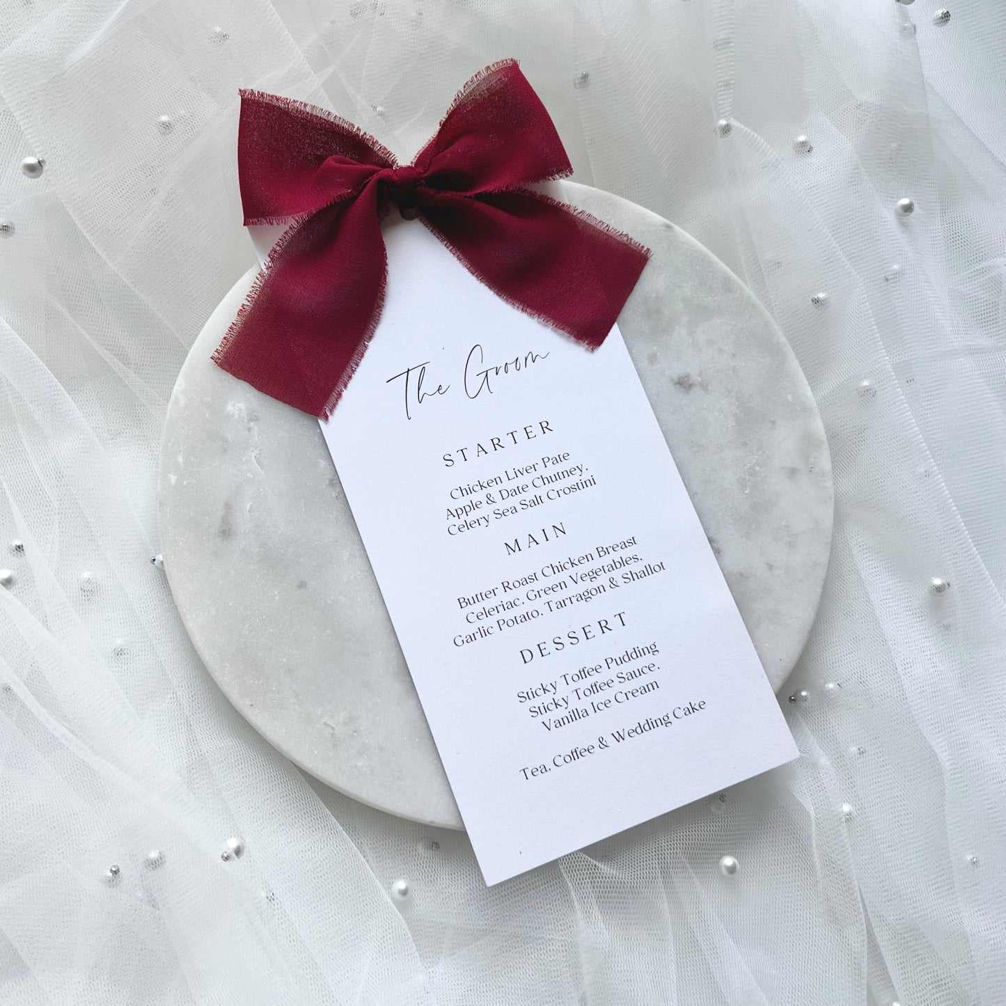 Poppy Menu Place Card With Dark Red Bow
