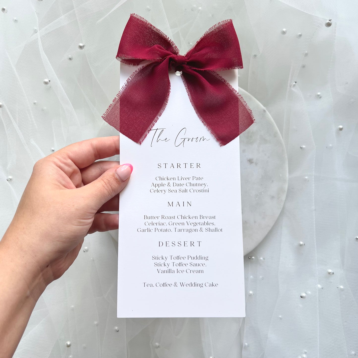 Poppy Menu Place Card With Dark Red Bow