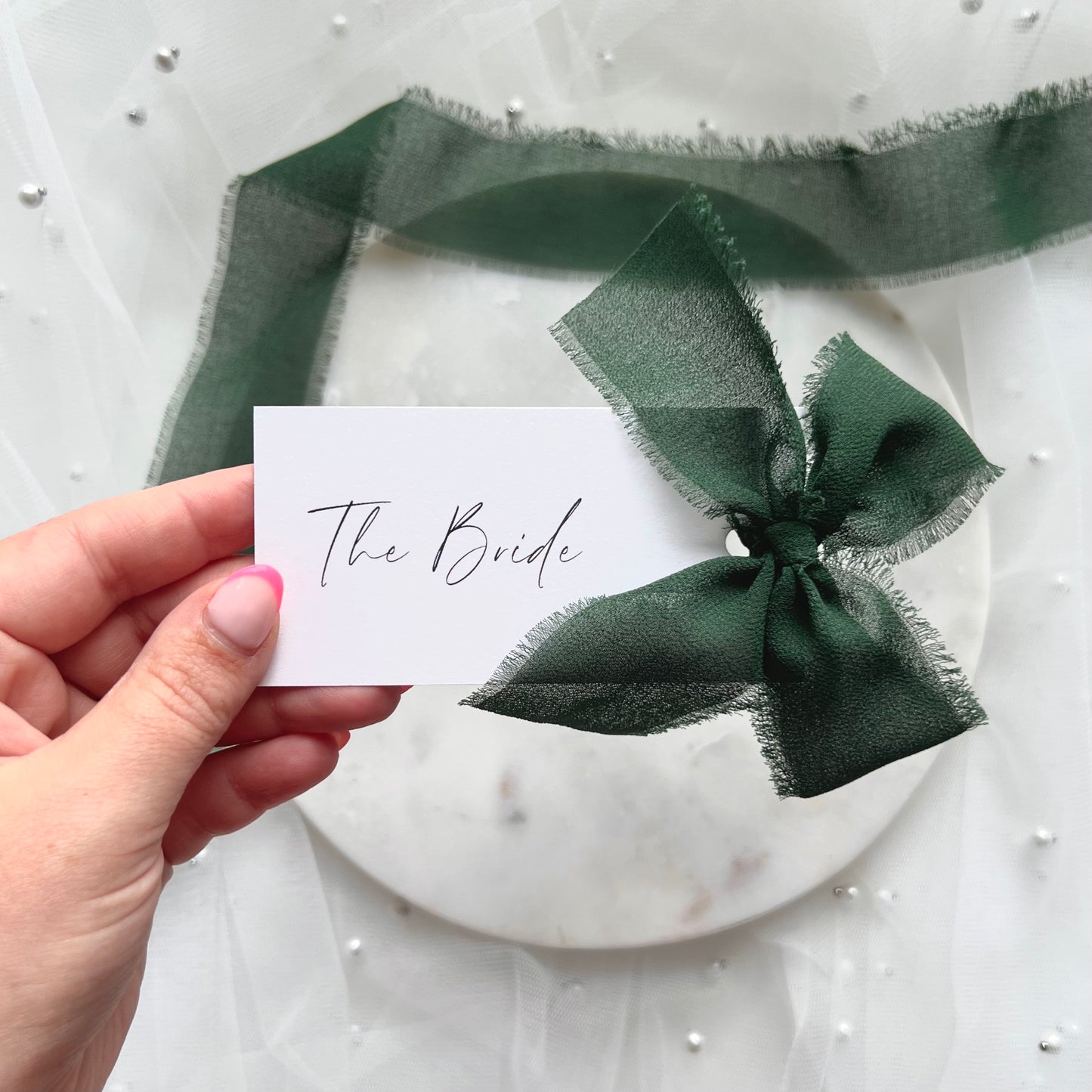 Poppy Place Card With Dark Green Bow
