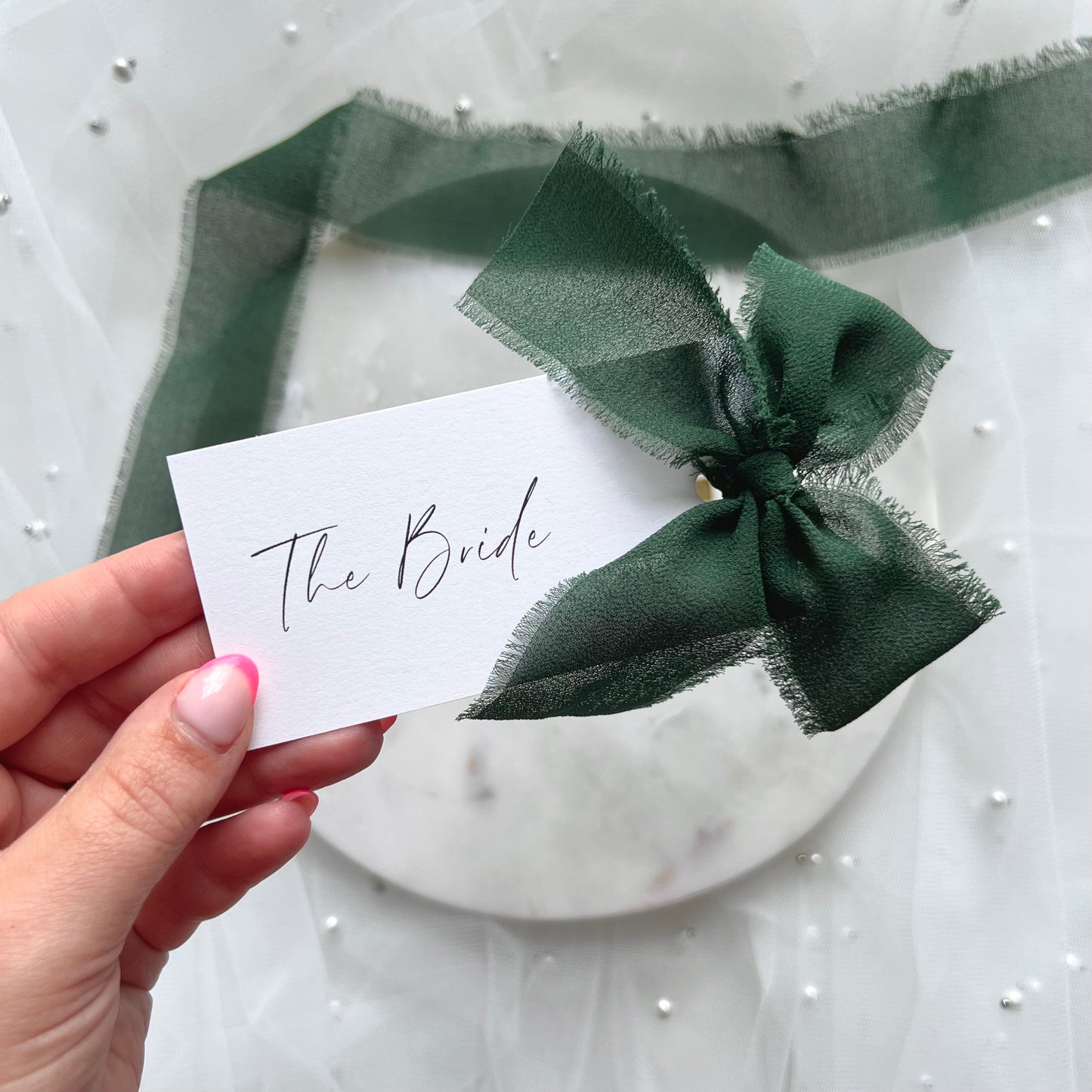 Poppy Place Card With Dark Green Bow