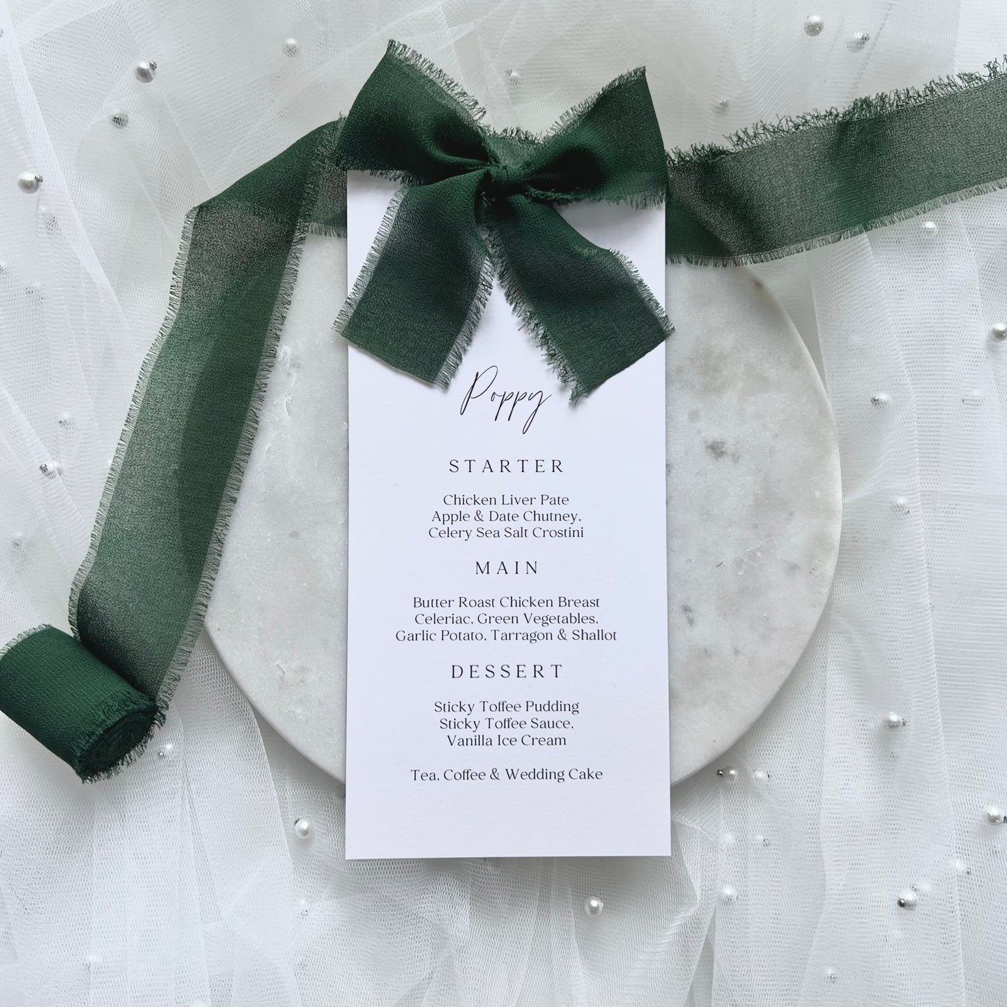 Poppy Menu Place Card With Dark Green Bow