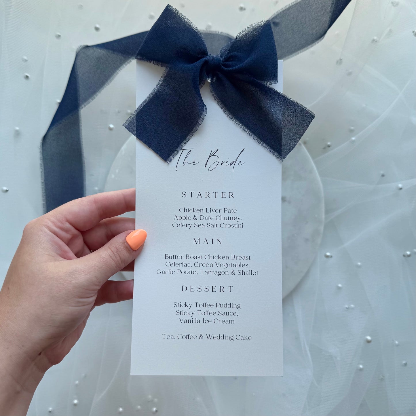 Poppy Menu Place Card With Navy Blue Bow