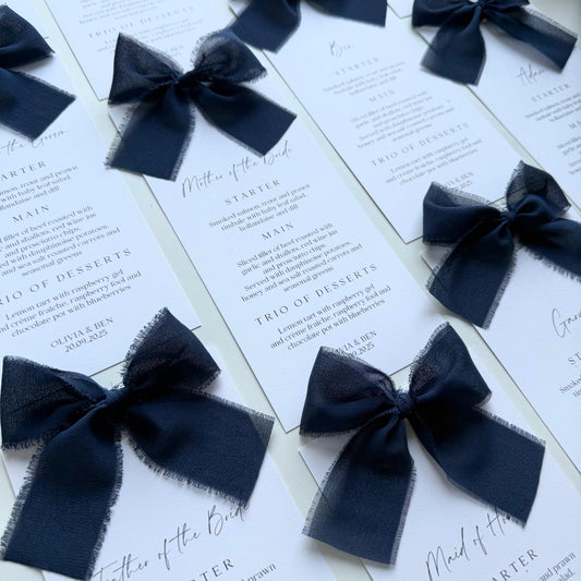 Poppy Menu Place Card With Navy Blue Bow