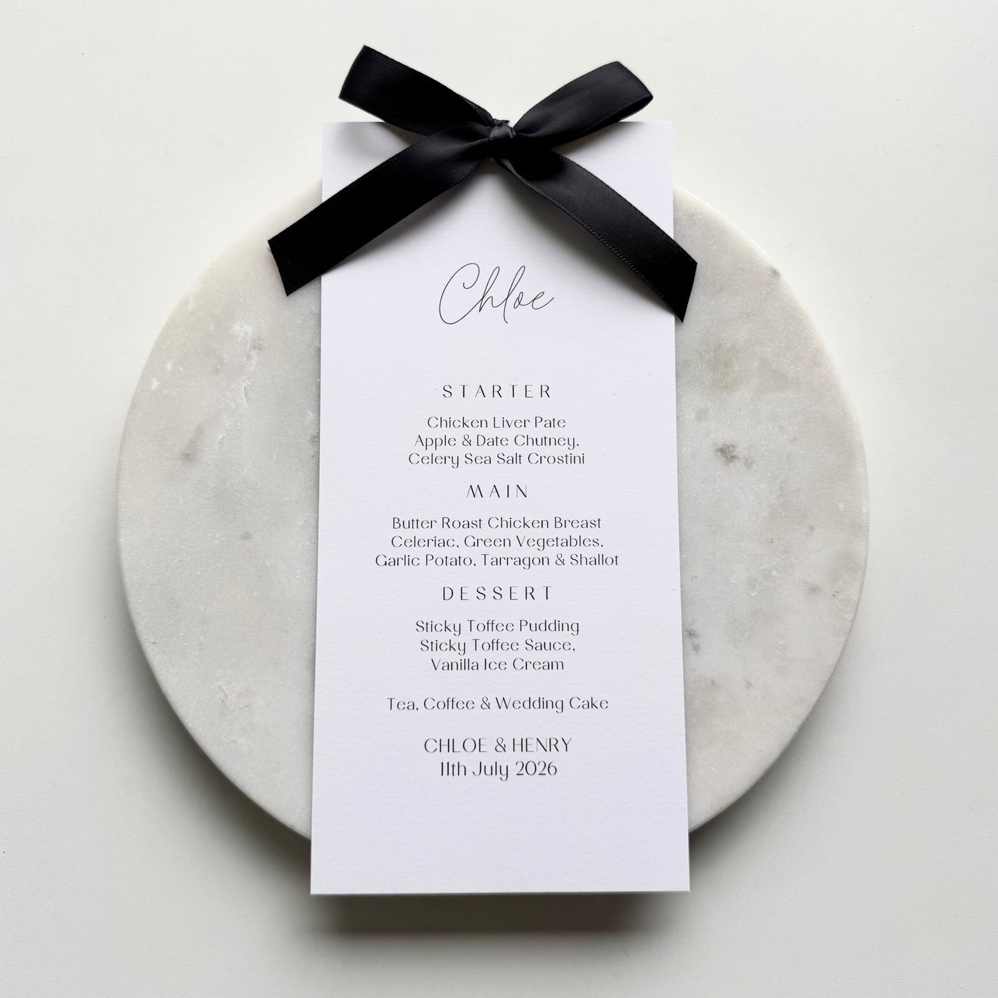 Chloe Menu Place Card With Black Bow