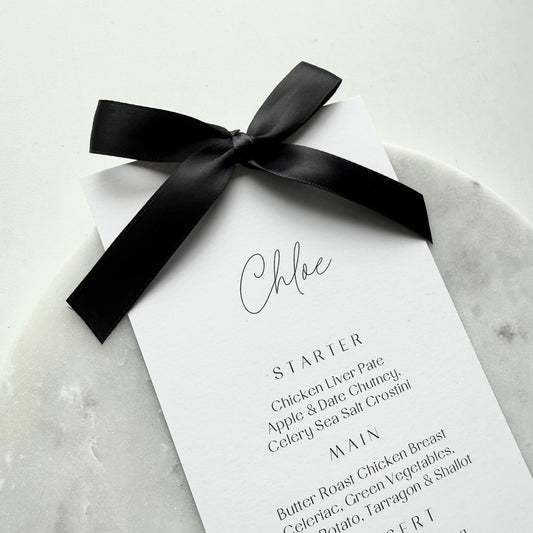 Chloe Menu Place Card With Black Bow