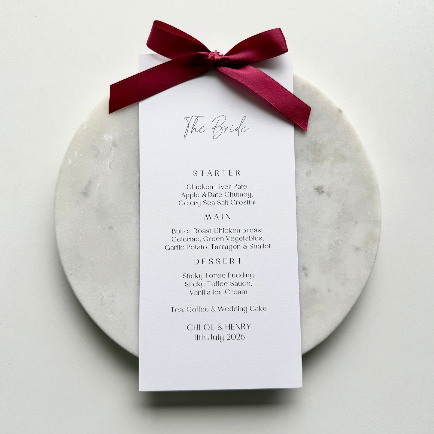 Chloe Menu Place Card With Burgundy Bow