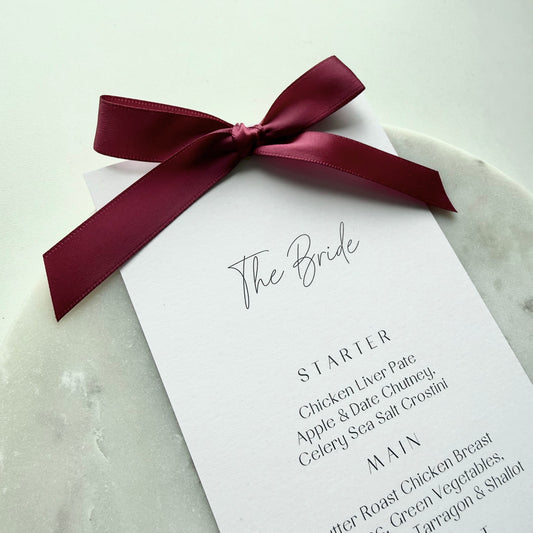 Chloe Menu Place Card With Burgundy Bow