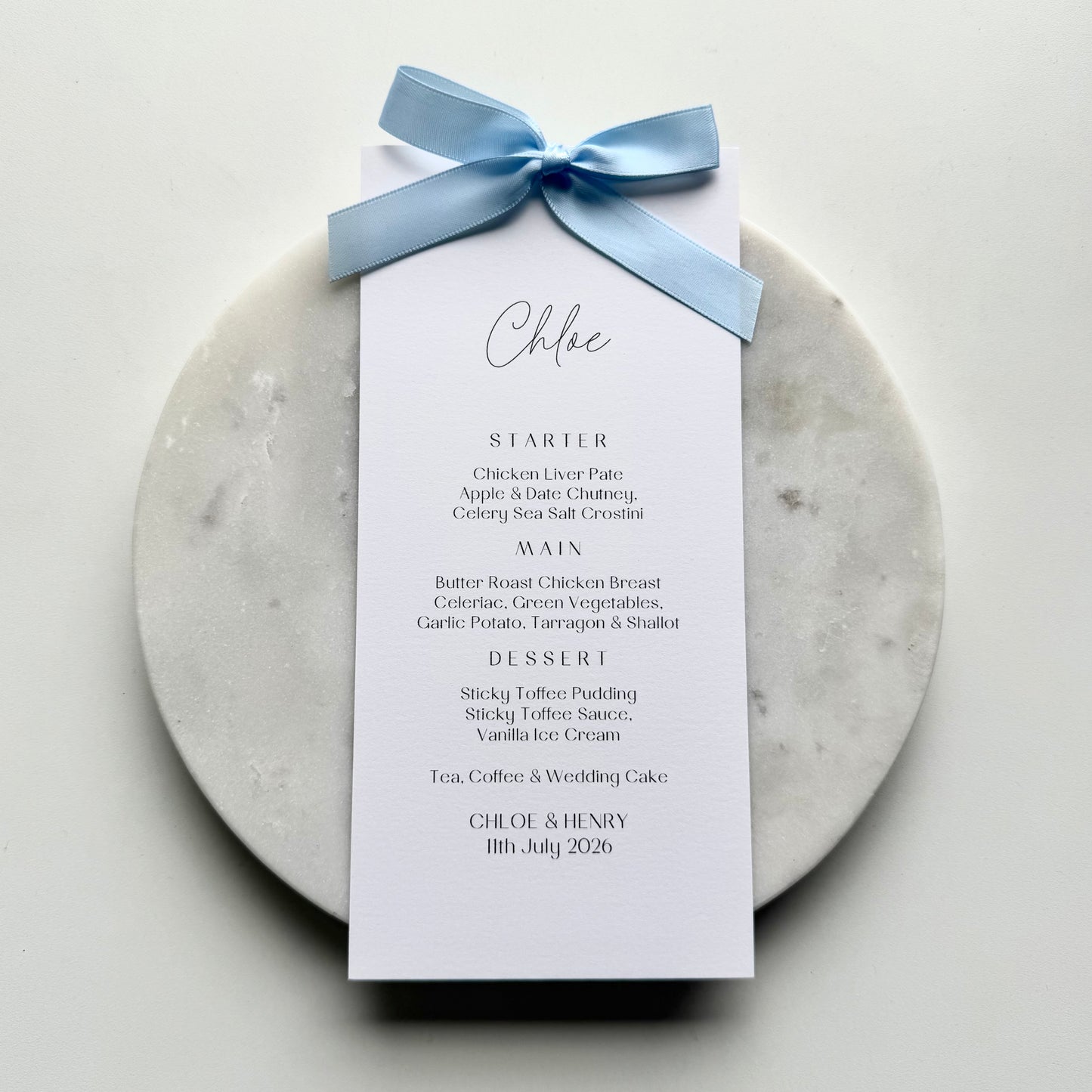 Chloe Menu Place Card With Light Blue Bow