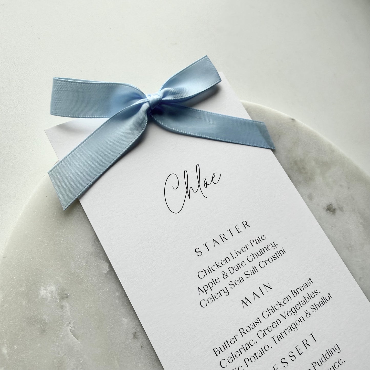 Chloe Menu Place Card With Light Blue Bow