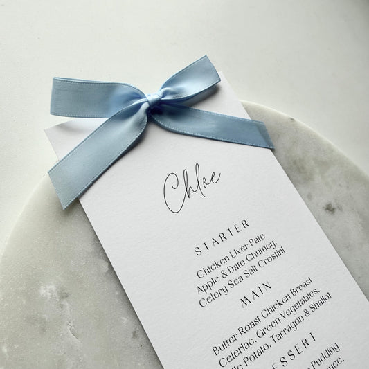 Chloe Menu Place Card With Light Blue Bow