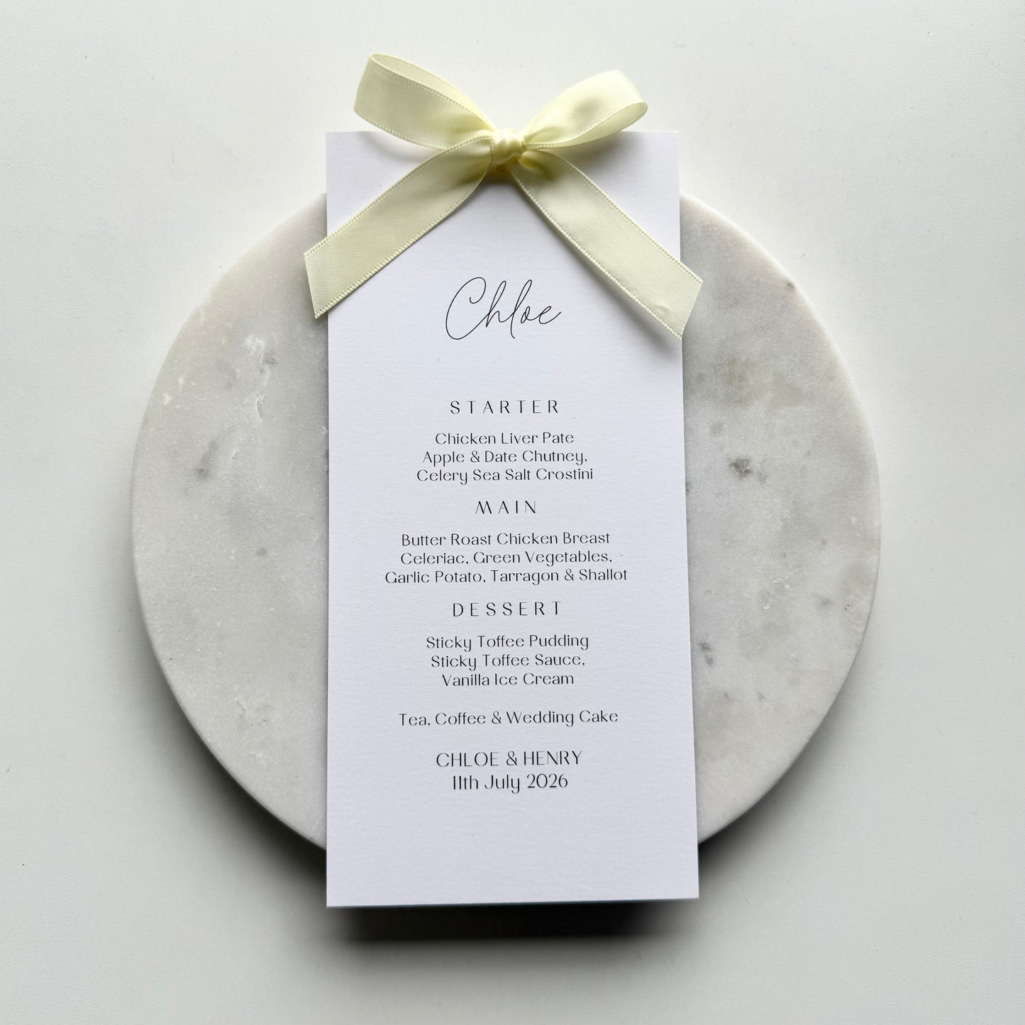 Chloe Menu Place Card With Yellow Cream Bow
