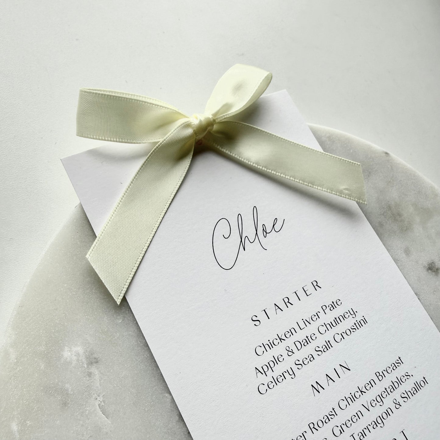 Chloe Menu Place Card With Yellow Cream Bow