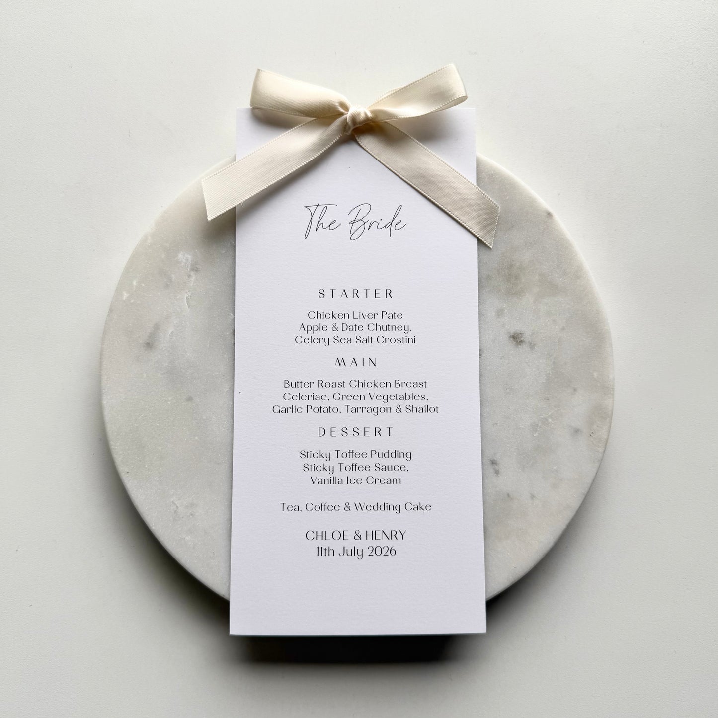 Chloe Menu Place Card With Ivory Bow