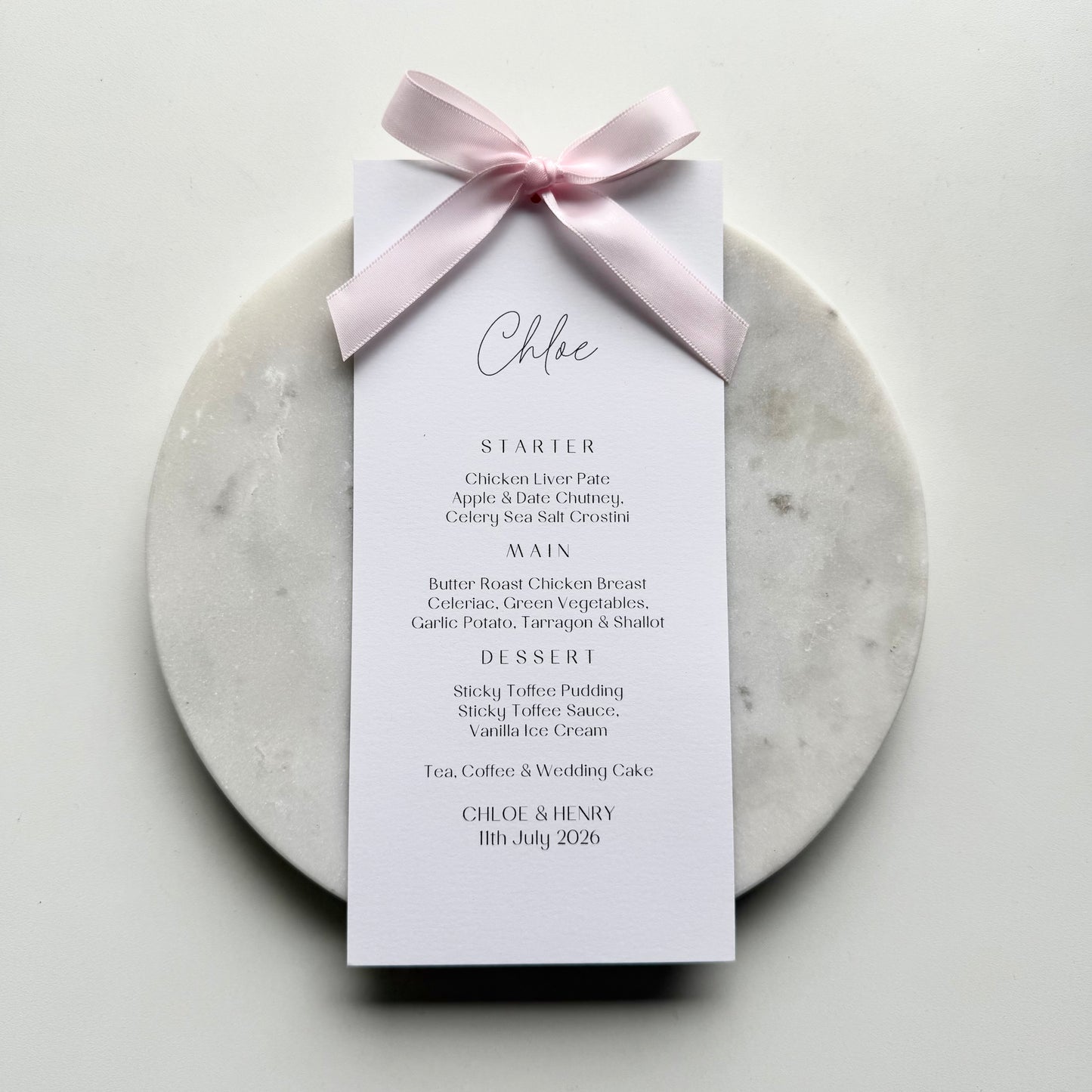 Chloe Menu Place Card With Light Pink Bow