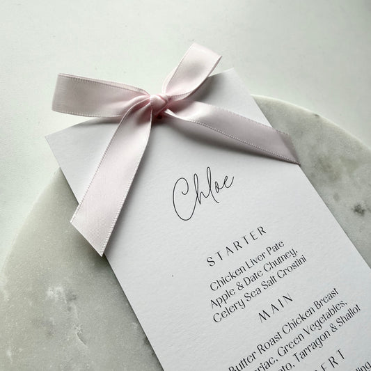 Chloe Menu Place Card With Light Pink Bow