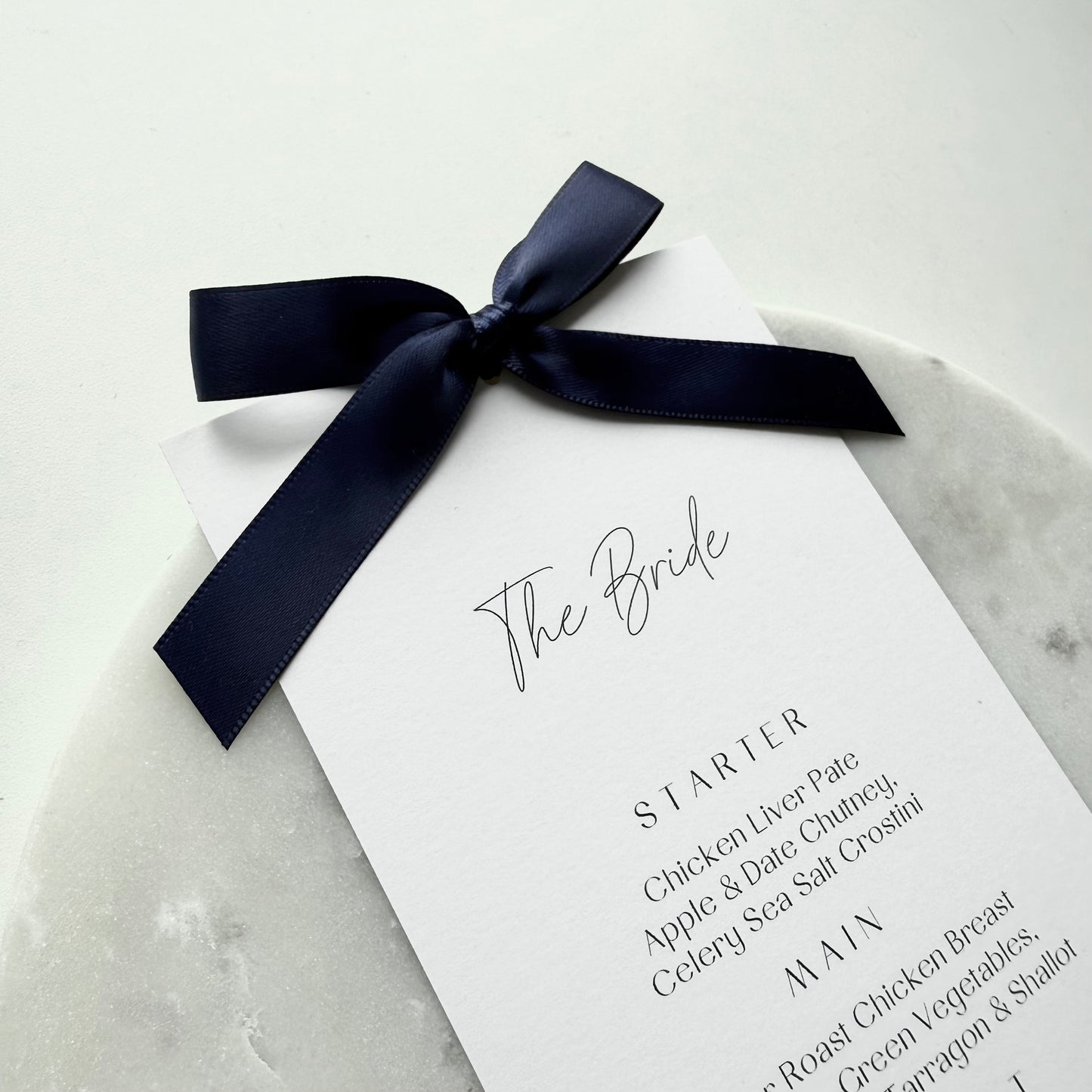 Chloe Menu Place Card With Navy Blue Bow