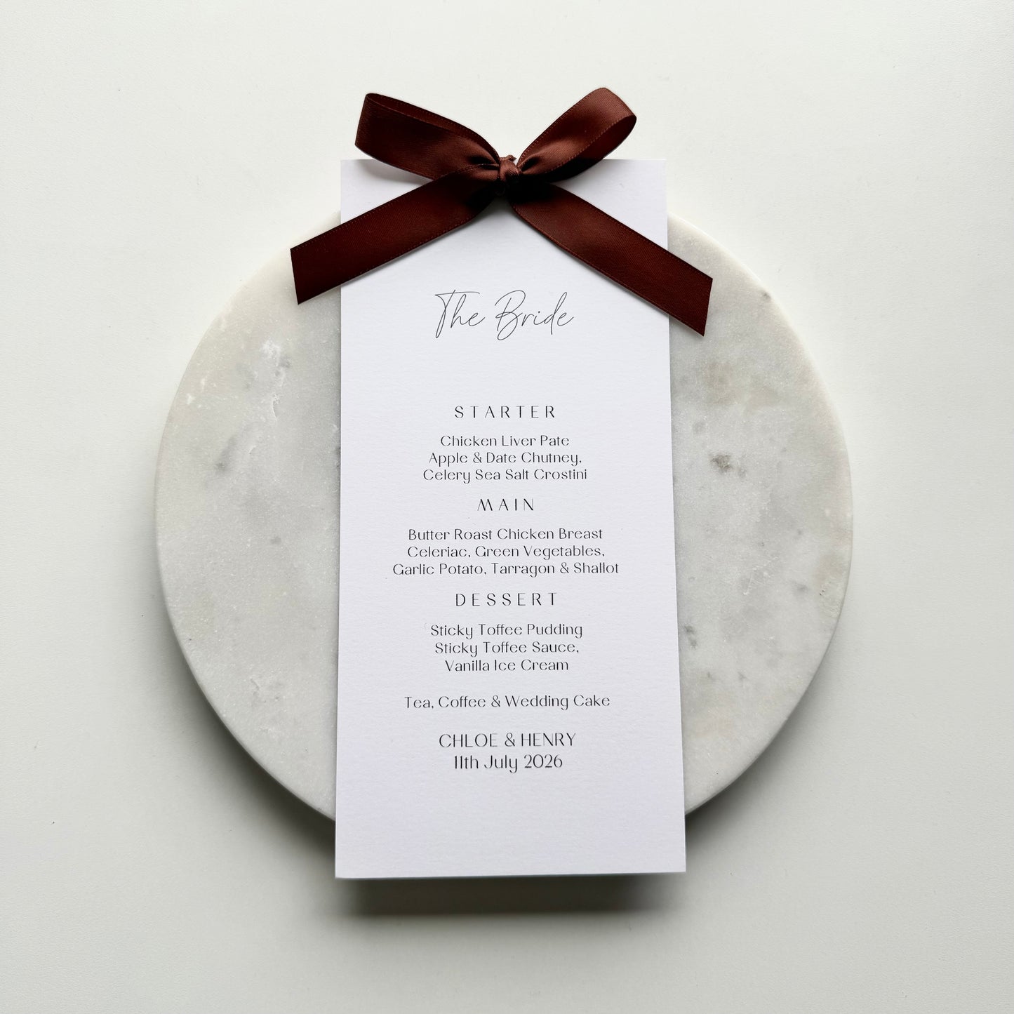 Chloe Menu Place Card With Chocolate Brown Bow