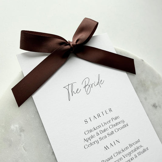Chloe Menu Place Card With Chocolate Brown Bow