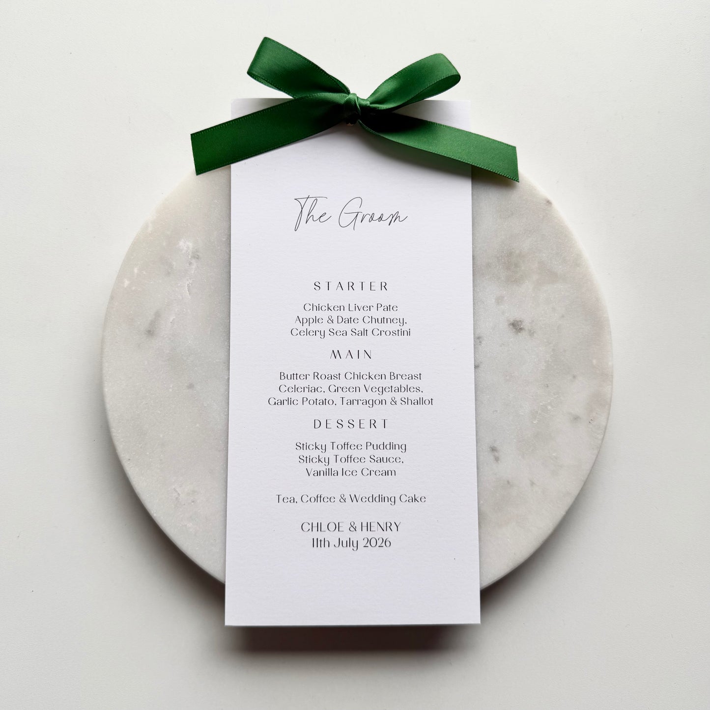 Chloe Menu Place Card With Emerald Green Bow