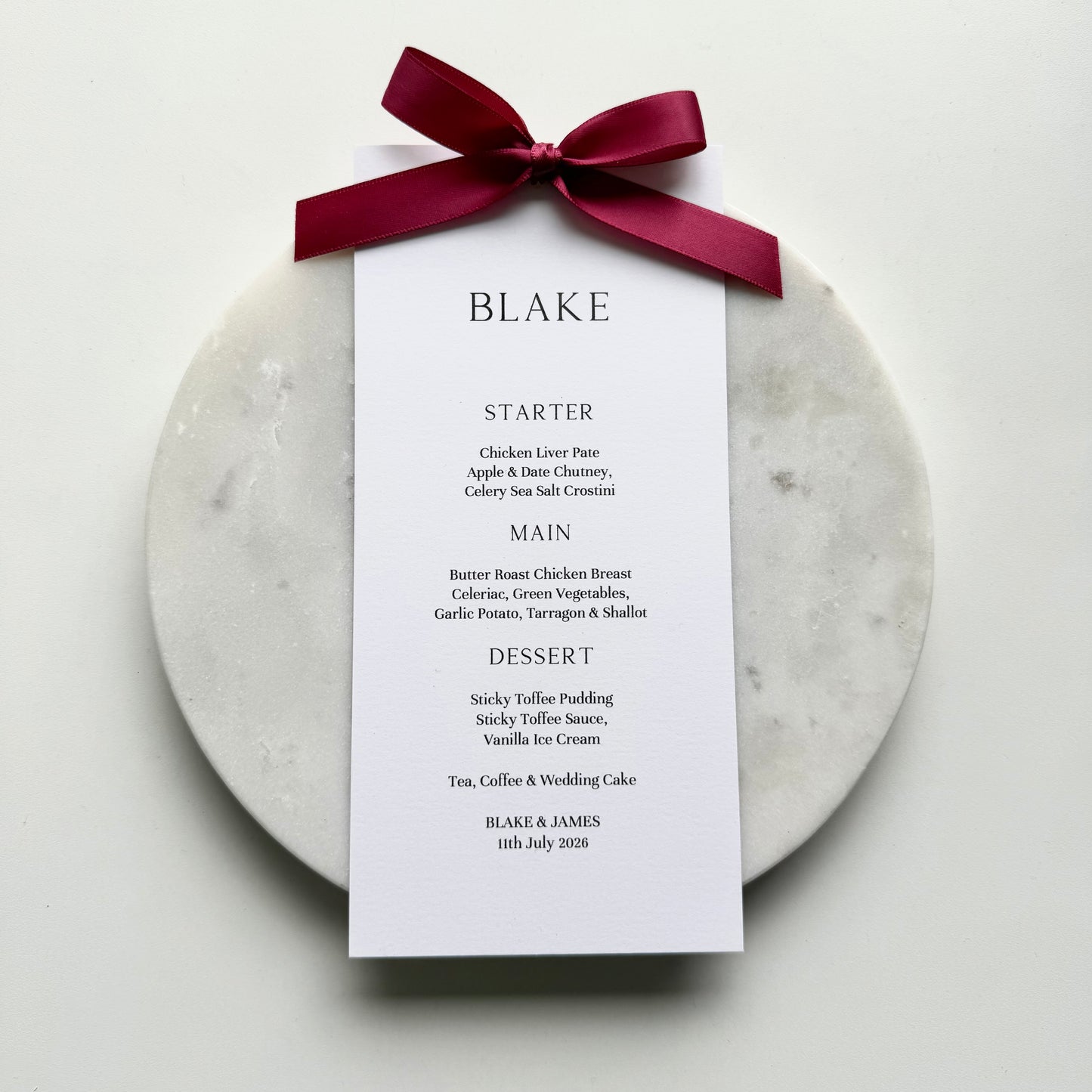 Blake Menu Place Card With Burgundy Bow