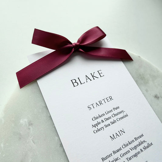 Blake Menu Place Card With Burgundy Bow