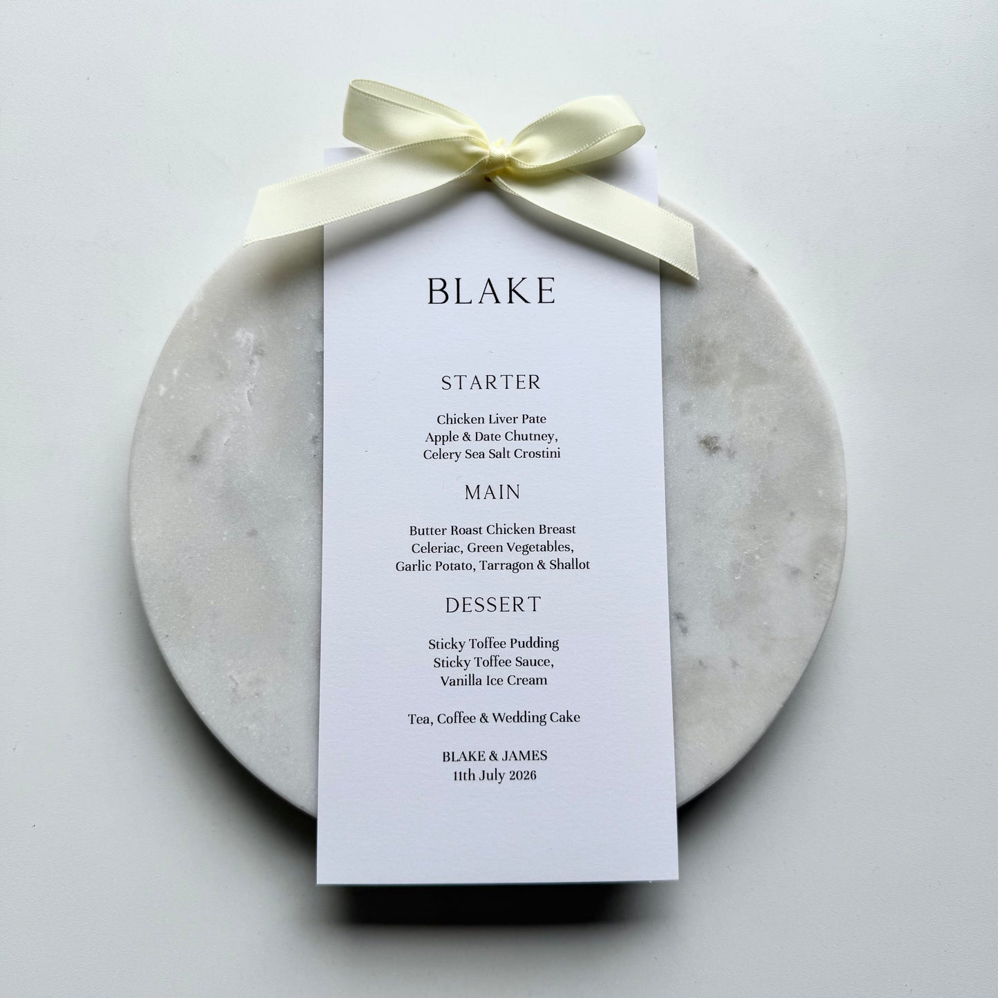 Blake Menu Place Card With Yellow Cream Bow