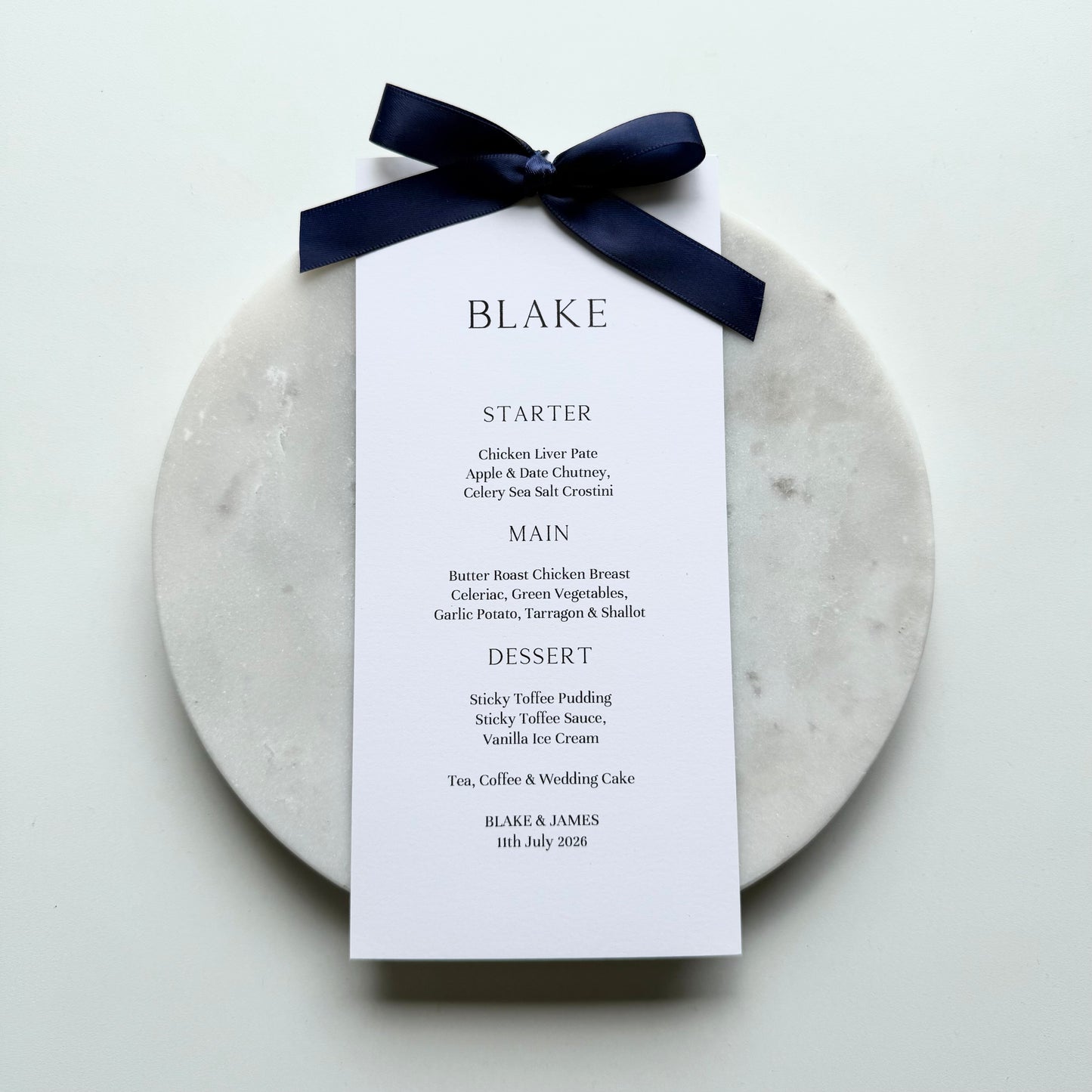 Blake Menu Place Card With Navy Blue Bow