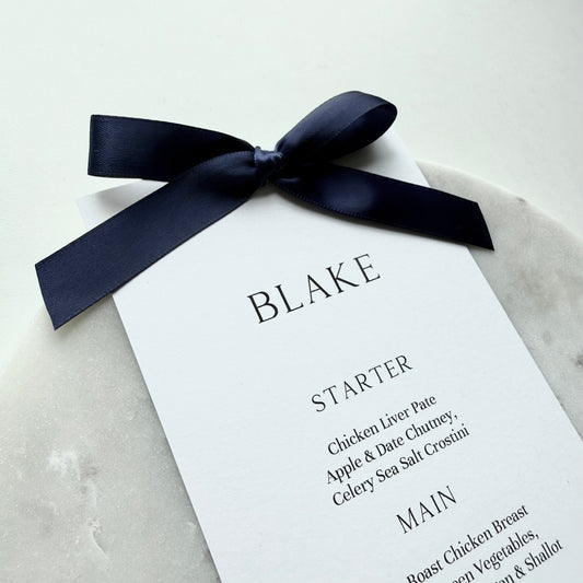 Blake Menu Place Card With Navy Blue Bow