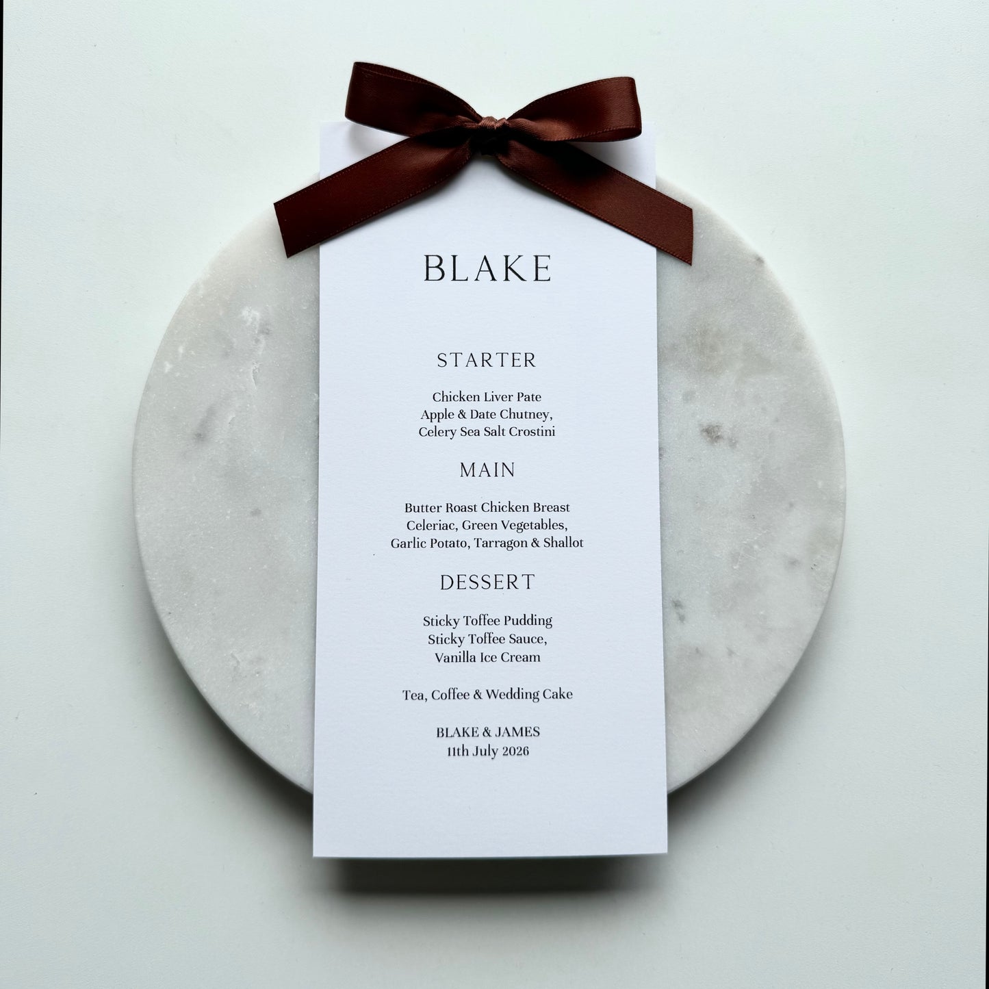Blake Menu Place Card With Chocolate Brown Bow