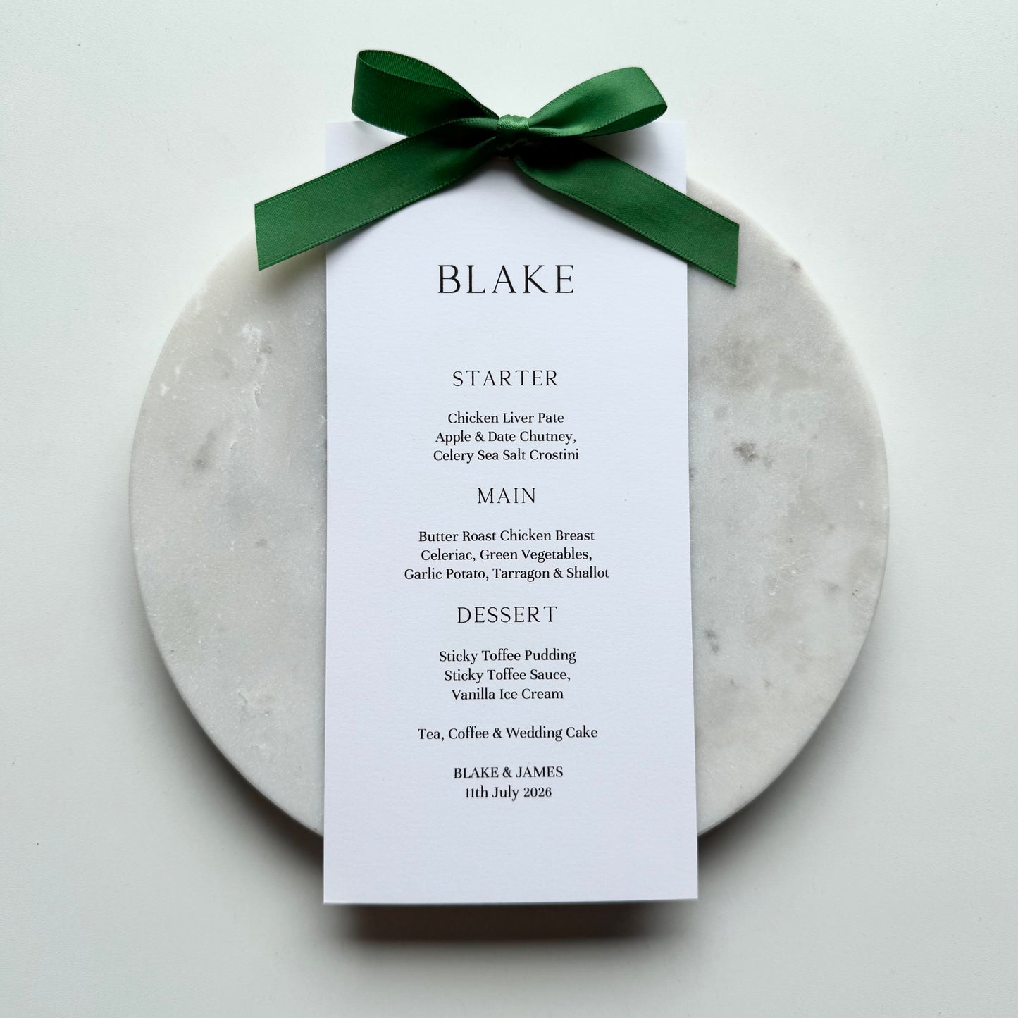 Blake Menu Place Card With Emerald Green Bow