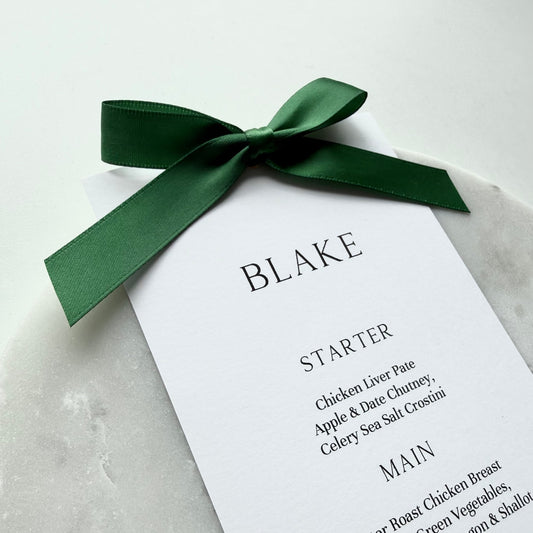 Blake Menu Place Card With Emerald Green Bow