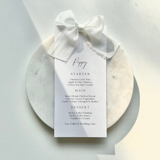 Poppy Menu Place Card With White Bow