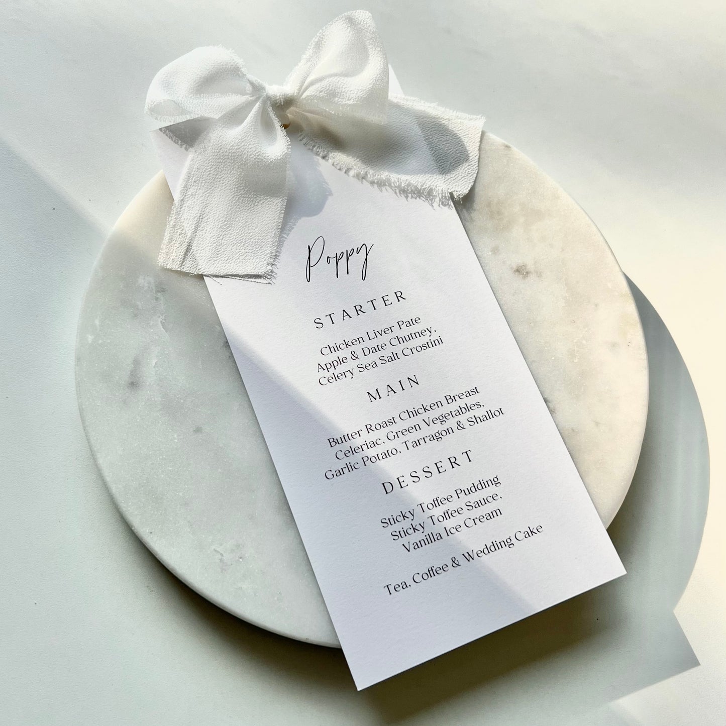 Poppy Menu Place Card With White Bow