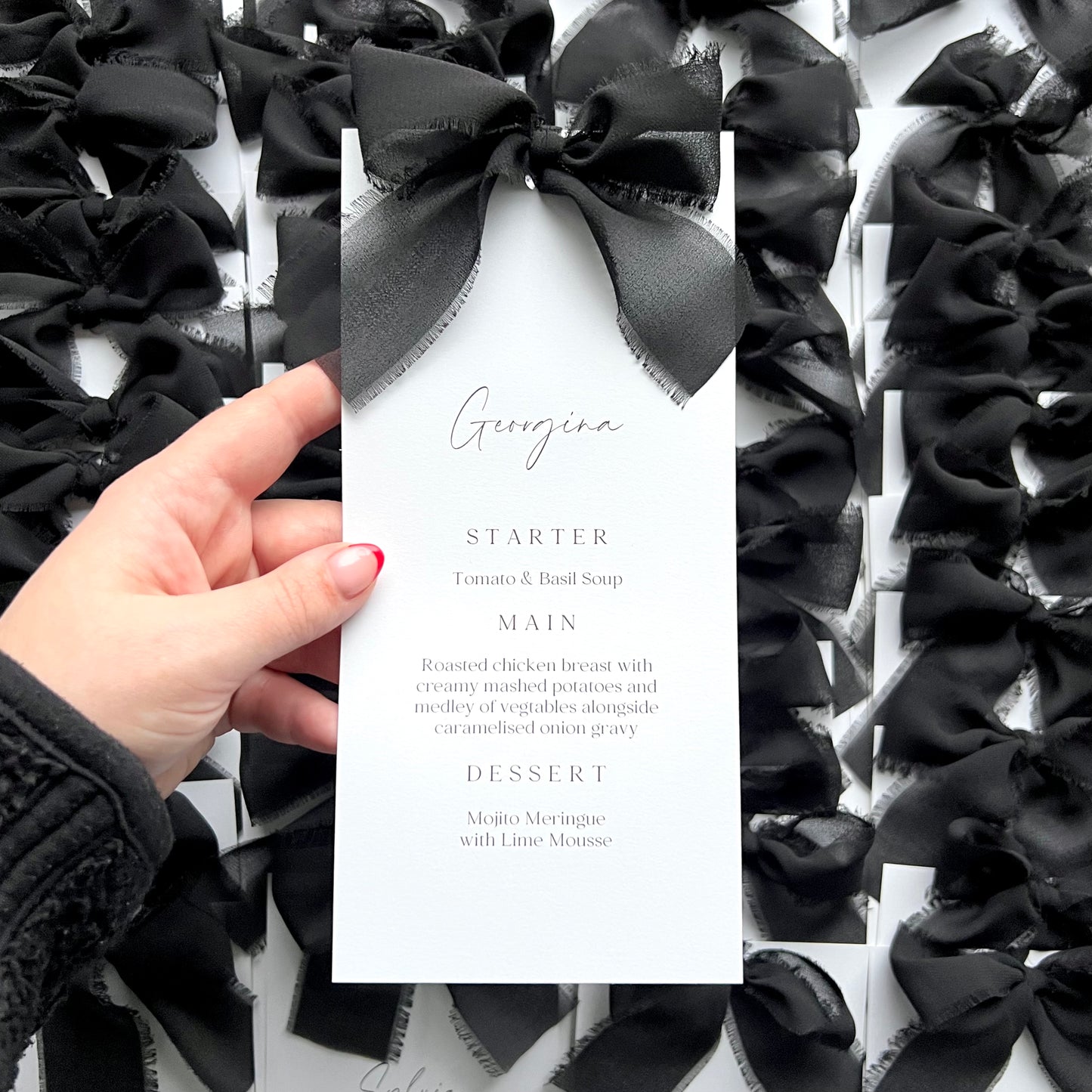 Poppy Menu Place Card With Black Bow