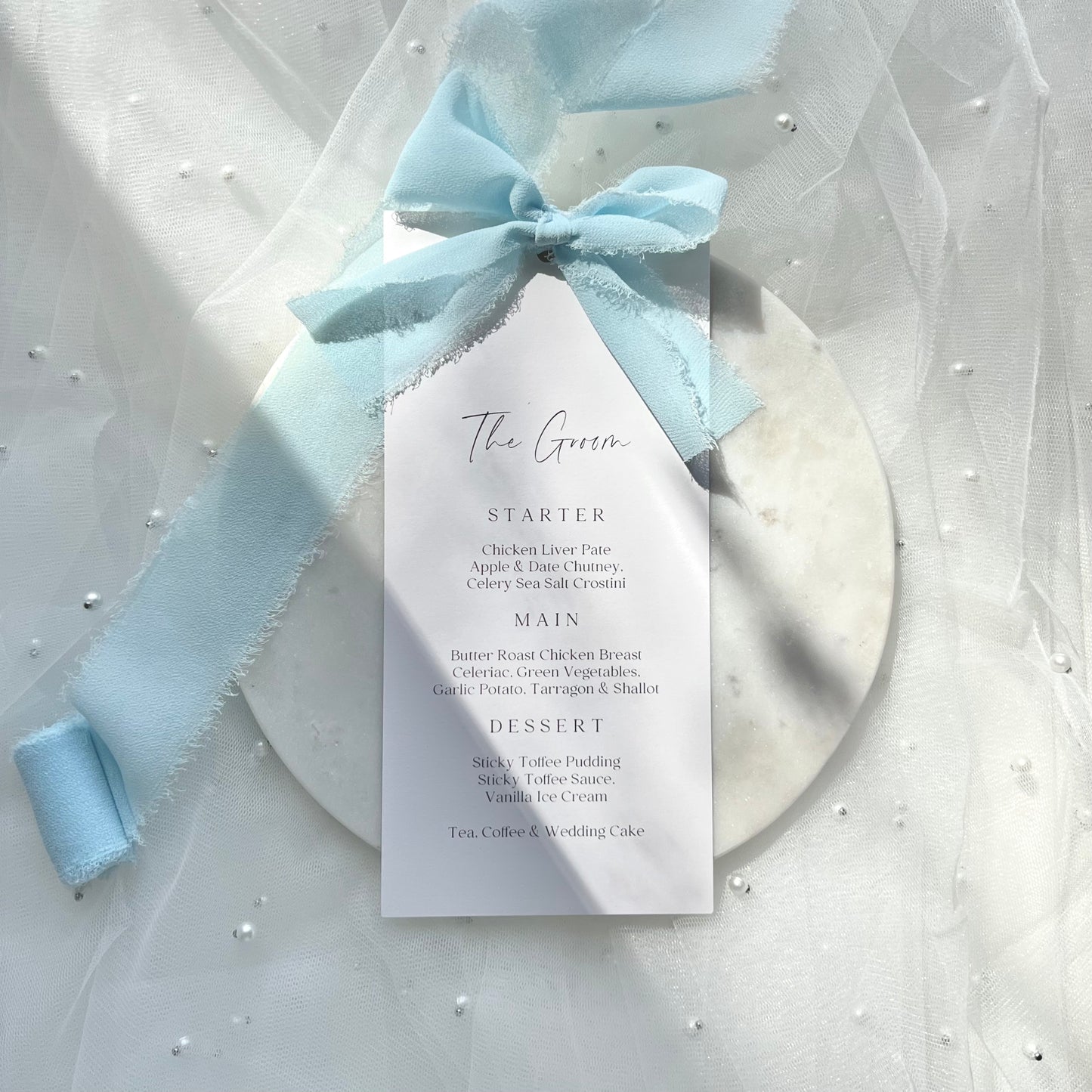 Poppy Menu Place Card With Blue Bow