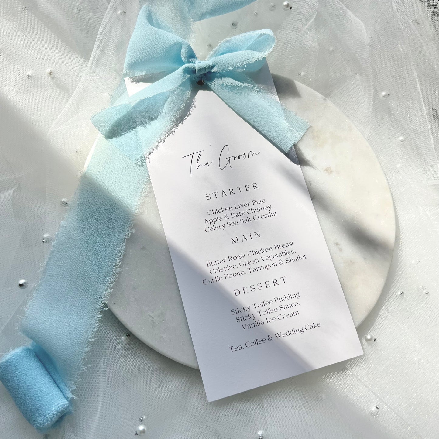 Poppy Menu Place Card With Blue Bow