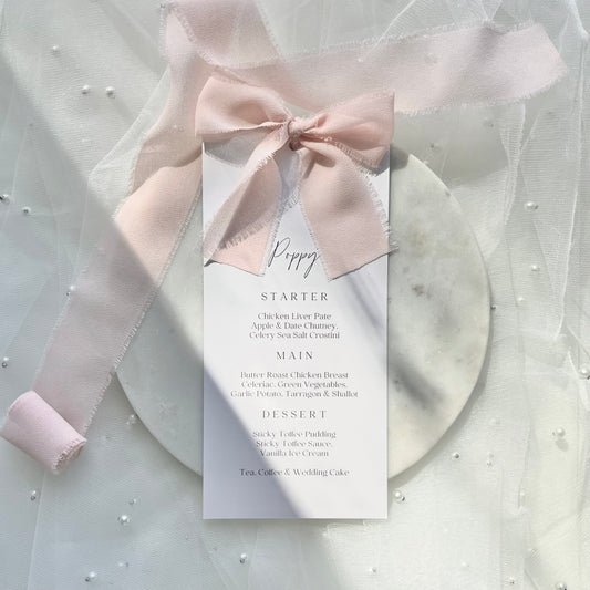 Poppy Menu Place Card With Pink Bow