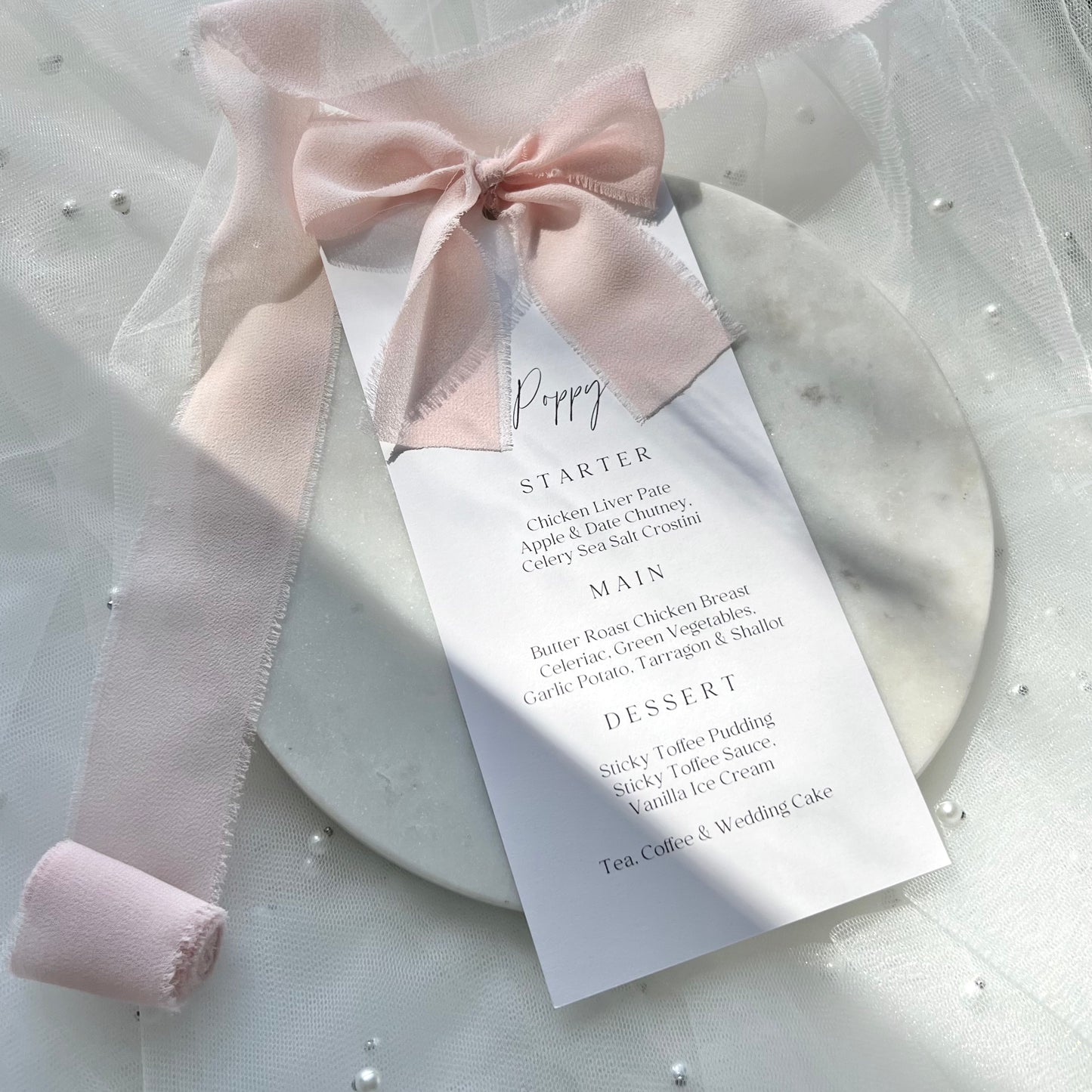 Poppy Menu Place Card With Pink Bow