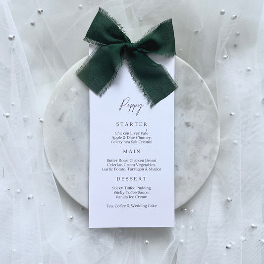 Poppy Menu Place Card With Dark Green Bow