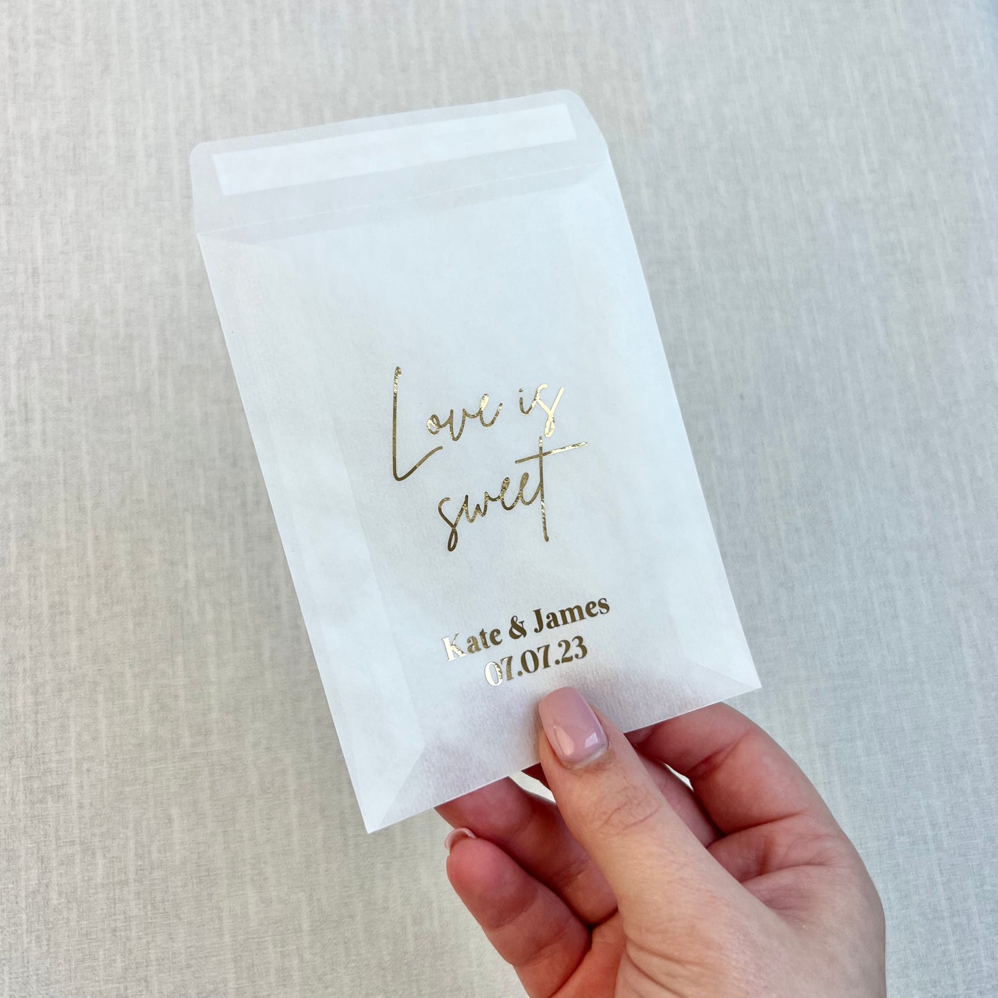 Custom Love Is Sweet Foiled Glassine Bags For Wedding Favours